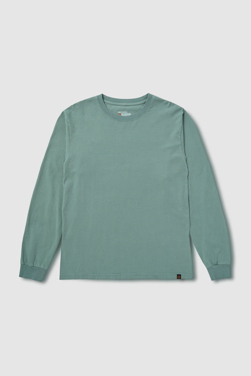Green long-sleeve shirt on a light gray background
