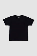 Black t-shirt with a pocket on a light gray background