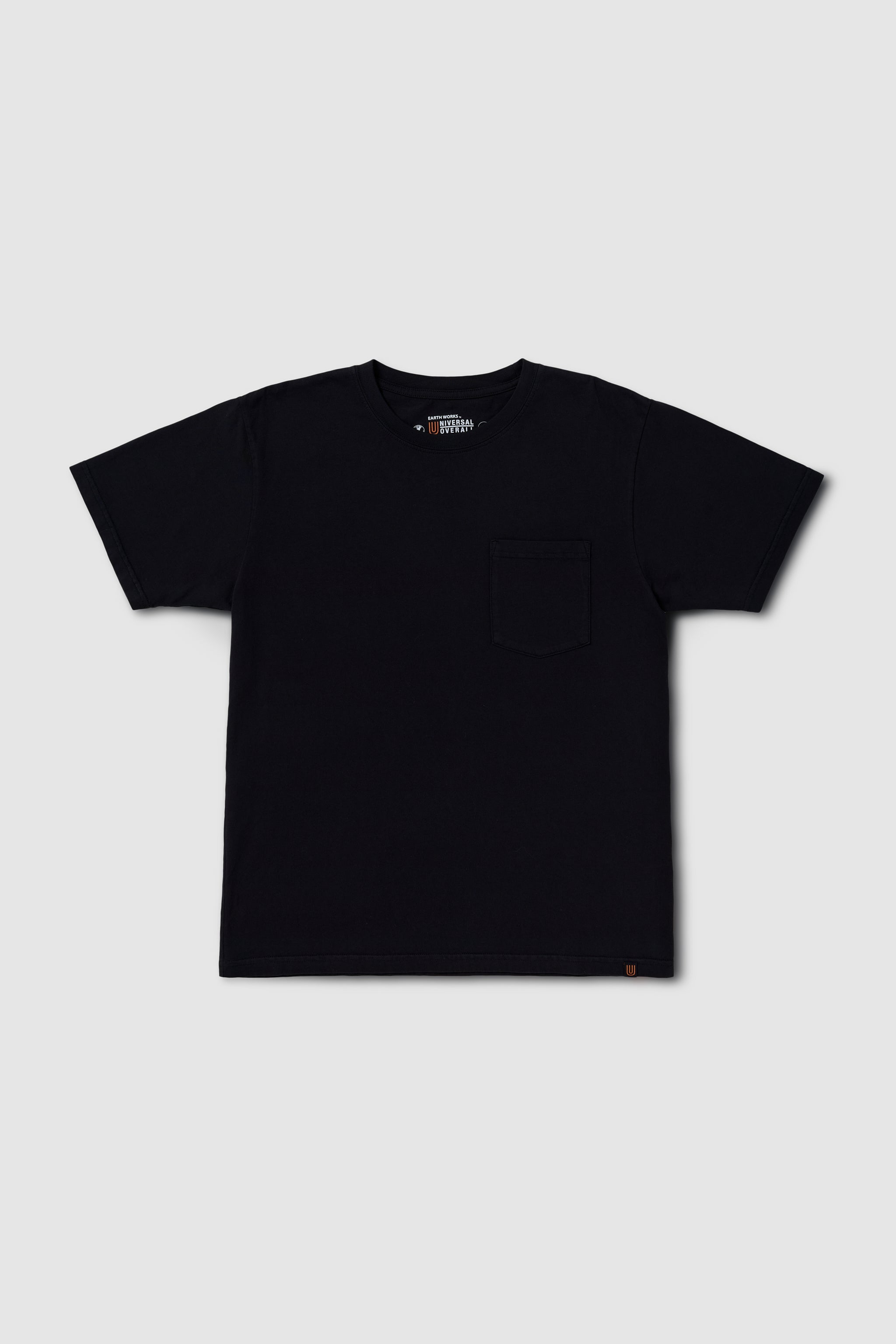 Black t-shirt with a pocket on a light gray background