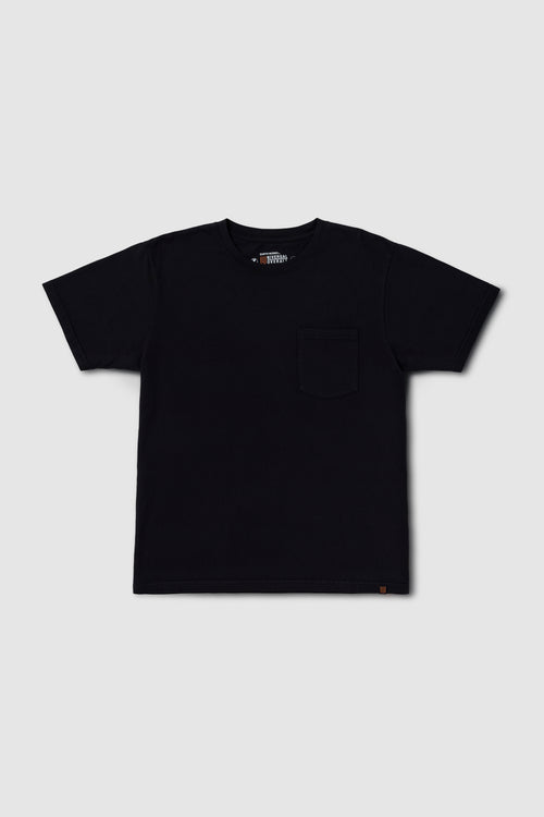 Black t-shirt with a pocket on a light gray background