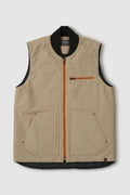 Beige vest with black trim and orange zipper on a light gray background