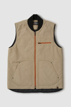 Beige vest with black trim and orange zipper on a light gray background