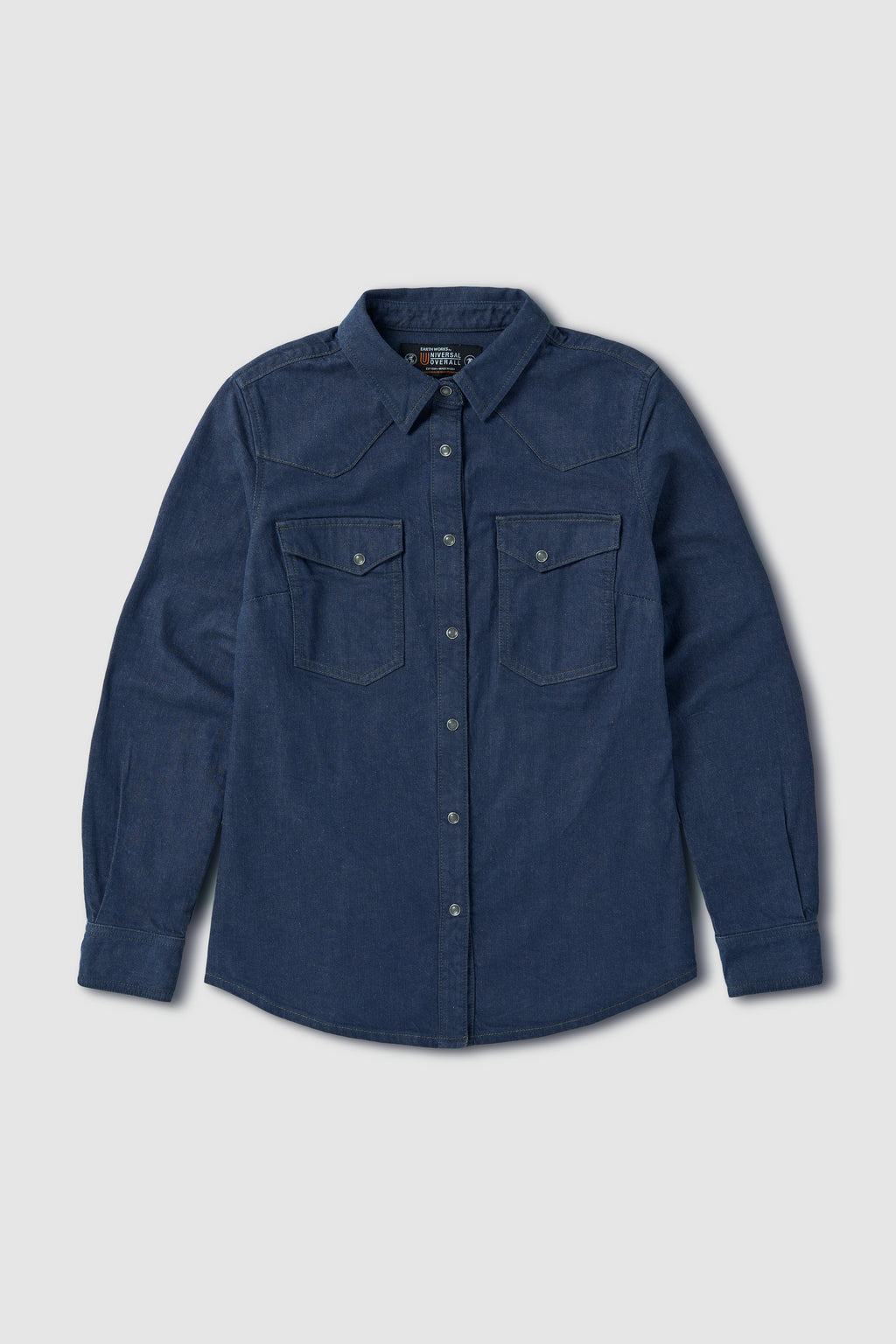 Blue button-up shirt on a light gray background