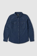 Blue button-up shirt on a light gray background